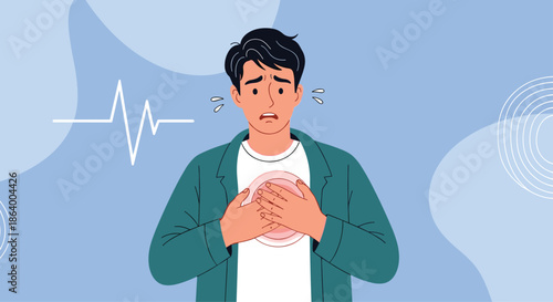 Young man clutching his chest in pain during a medical emergency like a heart attack against a blue background with a pulse line.