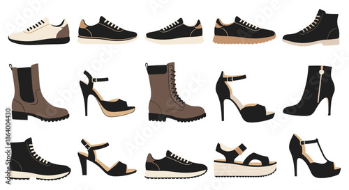 Diverse grid of fifteen different shoe styles including trendy sneakers, sturdy boots, elegant high heels, and comfortable sandals.