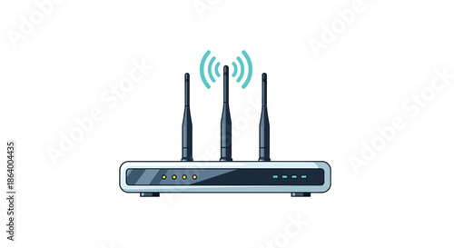 Modern white wireless internet router with three vertical antennas emitting blue signals for home or office network connectivity.