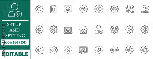 Professional setup and settings icon set featuring 24 teal glyphs for technical configuration, system preferences, and UI controls. Ideal for app menus, software dashboards, and web panels.