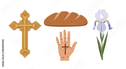 Collection of religious and symbolic icons including a golden cross, a loaf of bread, an iris flower, and a hand with a cross.