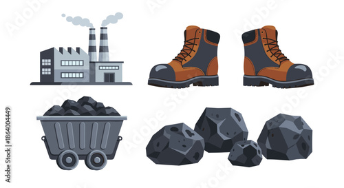 Set of industrial mining elements featuring a factory building, heavy duty work boots, a coal mine cart, and lumps of coal.