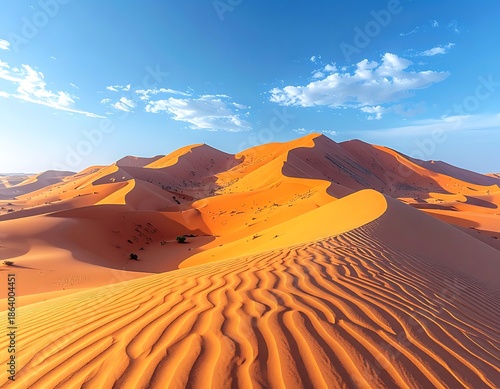 Rolling sand dunes glow under a bright blue sky dotted with fluffy clouds