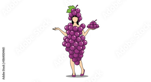 Cheerful woman wearing a vibrant purple grape cluster costume while holding a matching plate of fresh grapes against a white background.