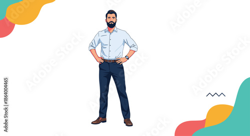 Confident bearded man standing with hands on hips wearing a smart casual light blue shirt and dark trousers against a minimalist background.