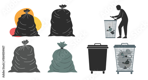 Collection of waste management elements featuring trash bags, recycling bins, and a person disposing of garbage properly in various styles.