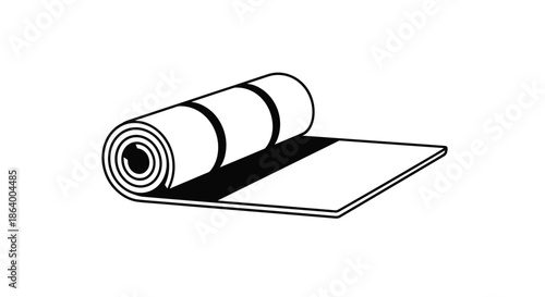 Simple black and white line drawing of a partially rolled yoga or exercise mat ready for a fitness session or meditation practice on white.