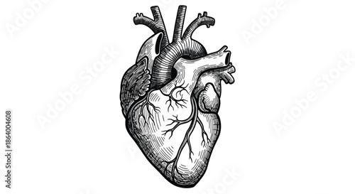 Detailed anatomical sketch of a human heart displays the complexity of the organ for medical and scientific educational use.