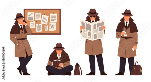 Classic detective character in a trench coat and fedora appears in multiple poses like reading, observing, and holding evidence.