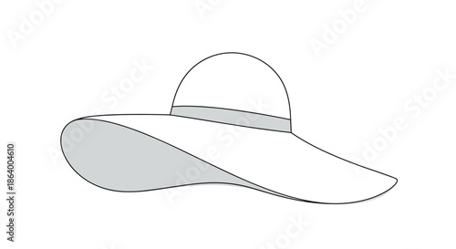 Simple line drawing of a wide brim sun hat represents summer fashion, beach protection, and outdoor leisure accessories.
