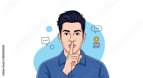 Young man making a shushing gesture with his finger to his lips indicates silence, secrets, and quiet behavior in a comic style.