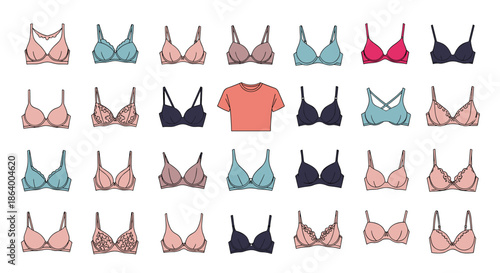 Lingerie collection features a variety of bras in different colors and styles arranged around a single coral t-shirt.