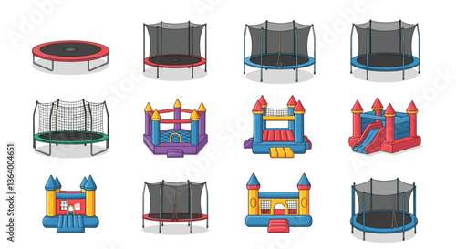 Diverse set of trampolines and inflatable bounce houses in various colors and sizes for backyard fun and kids activities.