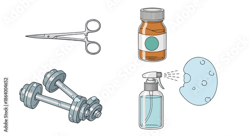 Medical and fitness equipment set includes surgical scissors, dumbbells, medicine bottles, and cleaning spray for health themes.