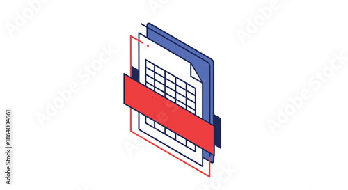 Isometric icon of a document folder with a red strip represents data organization, paper storage, and digital filing systems.
