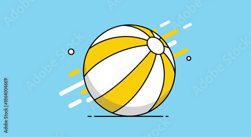 Beach ball with yellow and white stripes moving fast against a blue background represents summer sports and vacation fun.