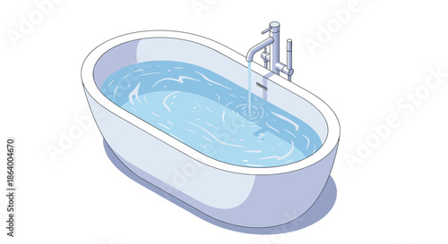 Modern oval bathtub filled with clear water and a running chrome faucet depicts a relaxing spa and luxury bathroom setting.