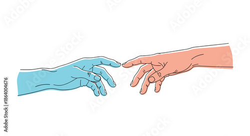 Symbolic hands reaching out to touch fingers represent connection, creation, and communication in a minimal artistic style.