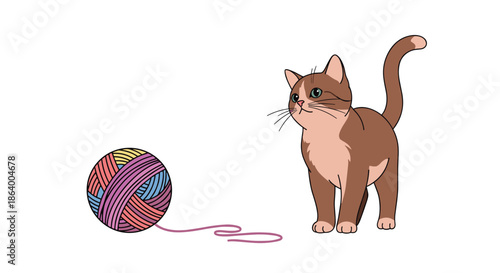 Adorable brown cat curiously looking at a large ball of colorful yarn represents playful pet behavior and knitting hobbies.