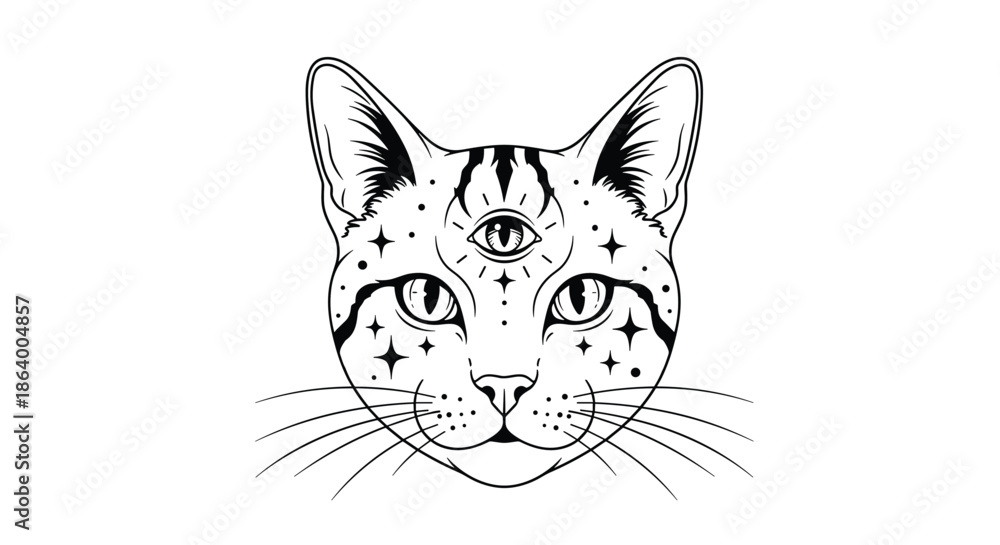 Obraz premium Mystical cat portrait with a third eye and celestial star decorations in a clean black and white line art style for esoteric designs.