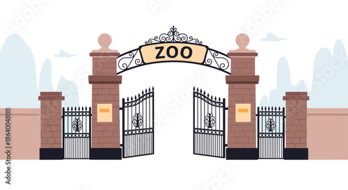 Wrought iron gate at a zoo entrance stands between brick pillars under a cloudy sky with mountain silhouettes in the distance.