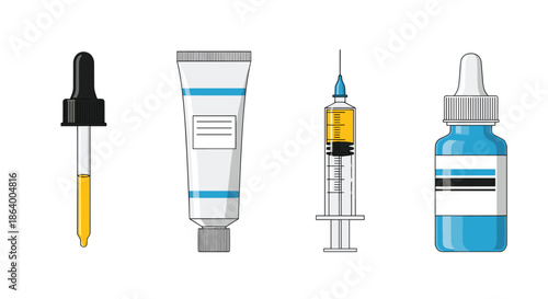 Set of medical and pharmaceutical items including a dropper, ointment tube, syringe, and medicine bottle for health treatment.