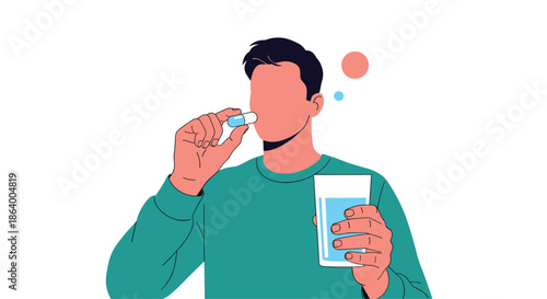 Man prepares to take a medical pill or vitamin supplement while holding a glass of fresh water to illustrate healthcare routines.