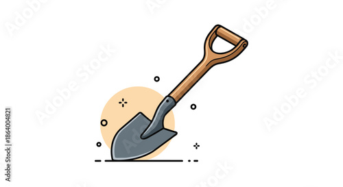 Classic garden shovel or metal spade with a wooden handle is positioned against a soft orange circular background for landscaping.
