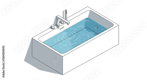 Modern white rectangular bathtub is filled with clear water showing ripples to represent a relaxing spa or bathroom environment.