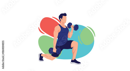 Athletic man performs lunges while lifting heavy dumbbells against a colorful abstract background to showcase fitness training.