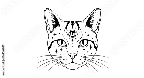 Mystical cat portrait with a third eye and celestial star decorations in a clean black and white line art style for esoteric designs.