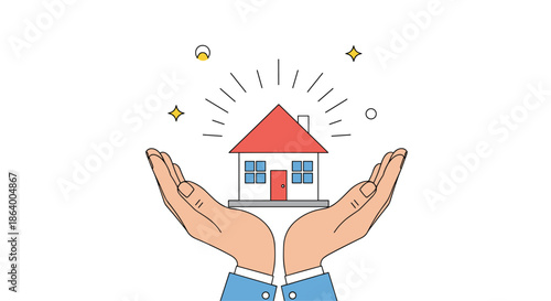 Human hands gently cradle a small house with a red roof to symbolize home insurance, real estate protection, and family safety.