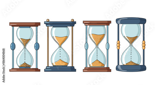 Set of four different hourglass designs with flowing sand illustrate the concept of passing time, deadlines, and time management.