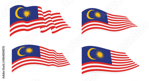 National flags of Malaysia are shown waving in different orientations to celebrate national pride, patriotism, and state holidays.