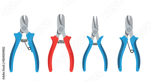 Various types of metal pliers and wire cutters with blue and red handles are displayed as essential tools for repair and craft work.