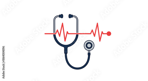 Medical stethoscope icon is overlaid with a red electrocardiogram pulse line to represent heart health, medicine, and cardiology.