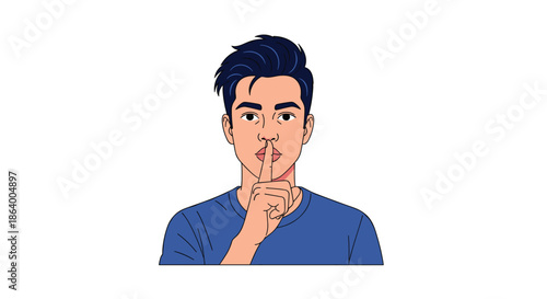Young man with dark hair holds his index finger to his lips in a shushing gesture to request silence, secrecy, or quietness.