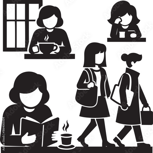 Black and white of people reading drinking coffee and walking with bags silhouette book