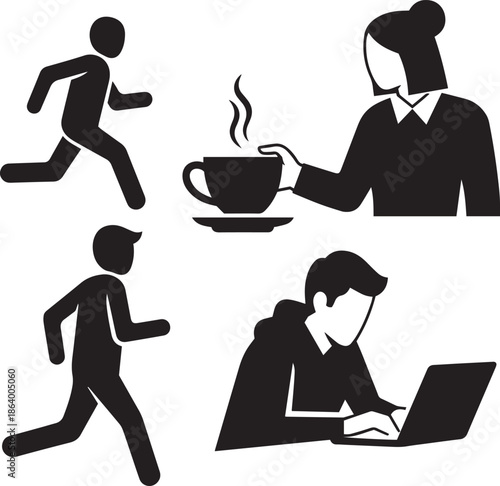 Black and white silhouettes of people running working on laptop and holding coffee cup jogging woman