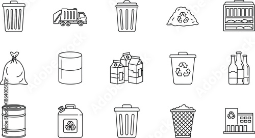 Waste and Garbage Management Line Icons Set, Recycling Vector Symbols for Trash Cans, Dumpster, Garbage Truck, Plastic, Milk Cartons, and Modern Sanitation Industry Concepts.