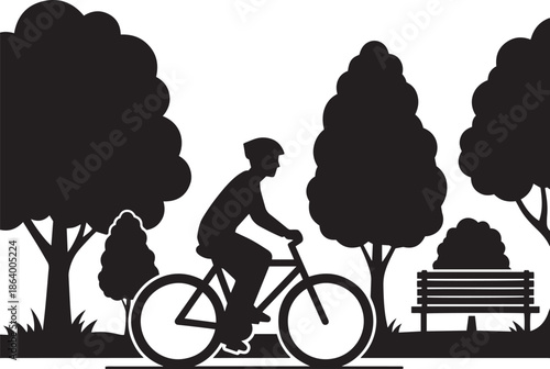 Black silhouette of a person riding a bicycle in a park with trees and a bench bike