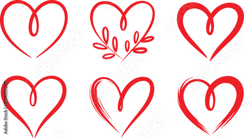 red heart vector set collection featuring isolated brush stroke love shapes and romantic sketch symbols for Valentine day wedding greeting cards and creative graphic design elements