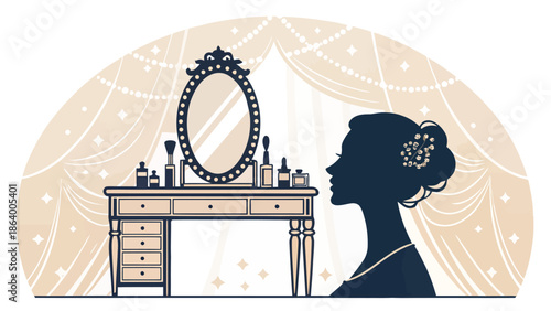 Elegant woman getting ready in luxurious dressing room with makeup