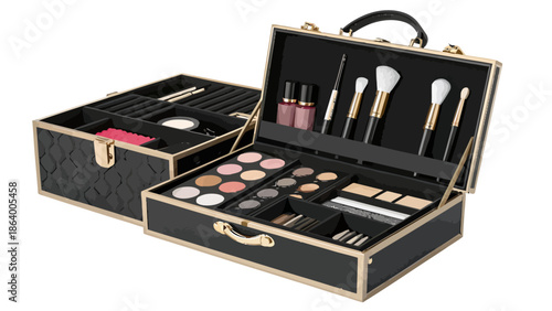 Professional makeup kit with brushes and cosmetics in elegant case