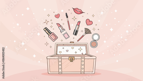 Vibrant makeup kit overflowing with beauty products in pink tones