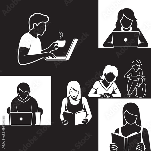 Collection of white line depicting people engaged in various activities on black and white backgrounds