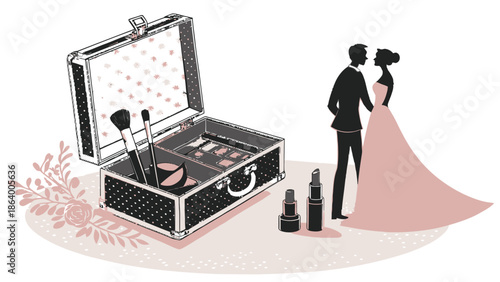 Elegant wedding couple with luxurious makeup case and cosmetics