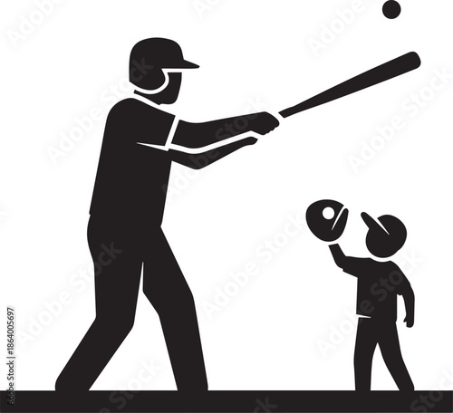 Father and child playing baseball silhouette sport