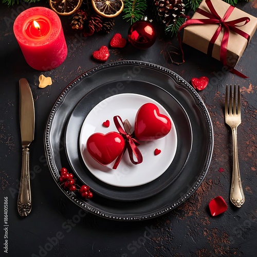 Romantic dinner setting with heart-shaped candies on a plate
