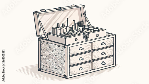 Vintage makeup case with brushes and cosmetics open on dresser